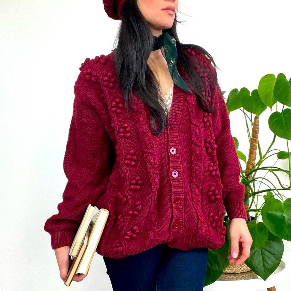 Vintage 80's Cable & Bubble, Popcorn Cardigan, made by Worthington.